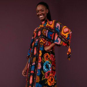 Farm Rio Anthropologie Flowers Tapestry black pink print maxi dress size XS